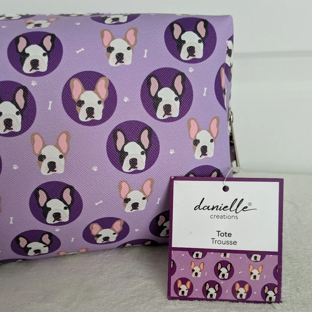 Boston Terrier Frenchie Cosmetic Bag Case Saffiano Vinyl Purple Lined NWT